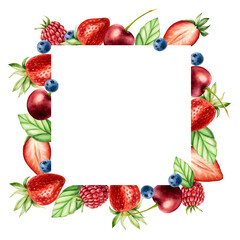 Frame, logo with strawberry, raspberry, cherry and blueberry. Hand painting sweet watercolor illustration isolated on background. For designers, menu, shop, decoration, restaurant, for postcards, w