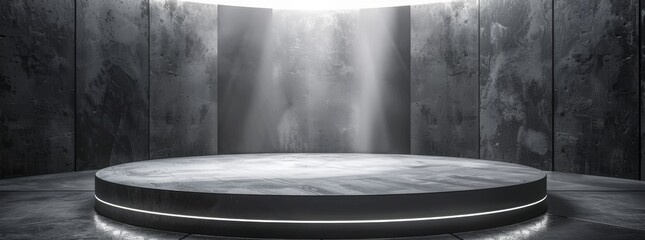 A sleek, grey marble stage is welllit by spotlights, ideal for contemporary presentations and events