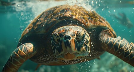 Fototapeta premium Sea Turtle Close-Up Underwater Portrait Showing Shell Detail and Eye
