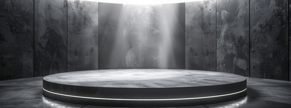 A sleek, grey marble stage is welllit by spotlights, ideal for contemporary presentations and events