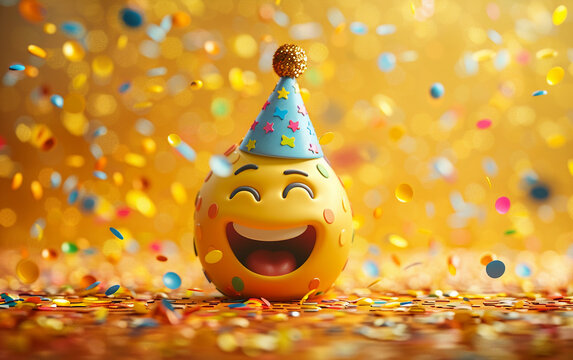 A yellow emoji with a wide smile and closed eyes wears a blue party hat with a gold star on top. It is surrounded by colorful confetti on a golden background - Powered by Adobe