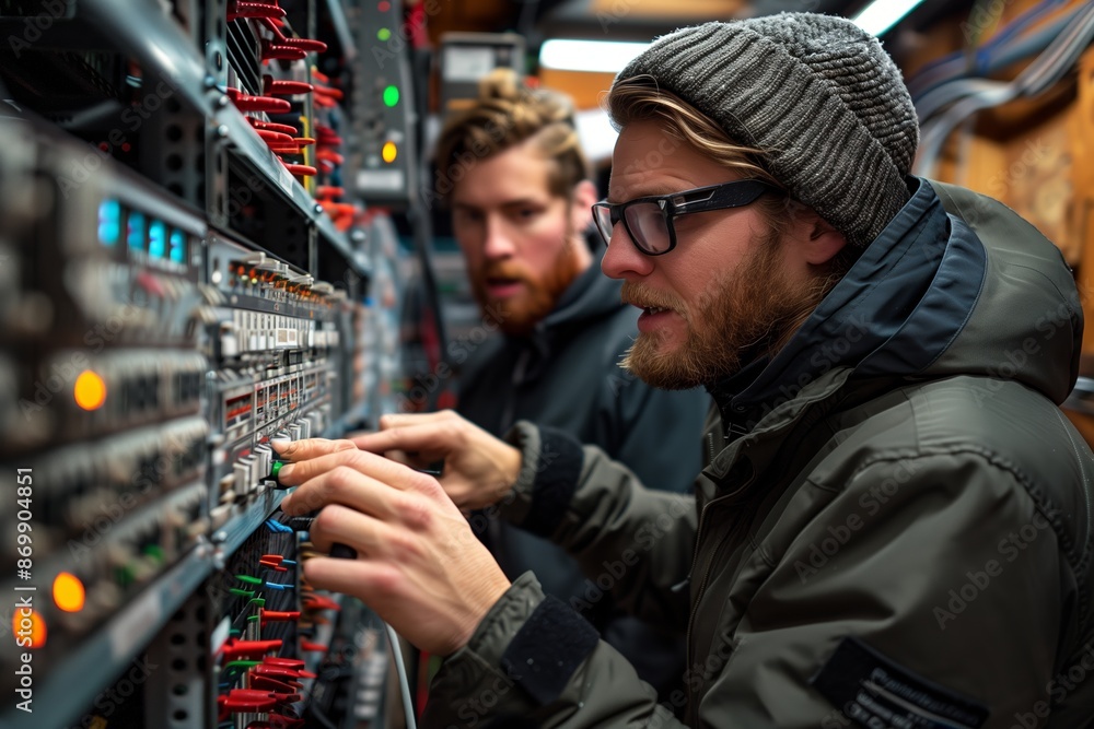 Poster man working on server racks in a data center