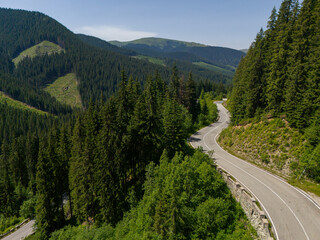 Fototapeta premium Beautiful aerial view of dense forest mountain landscape in summer time with curvy road cutting through forest. Aerial view by drone . Romania