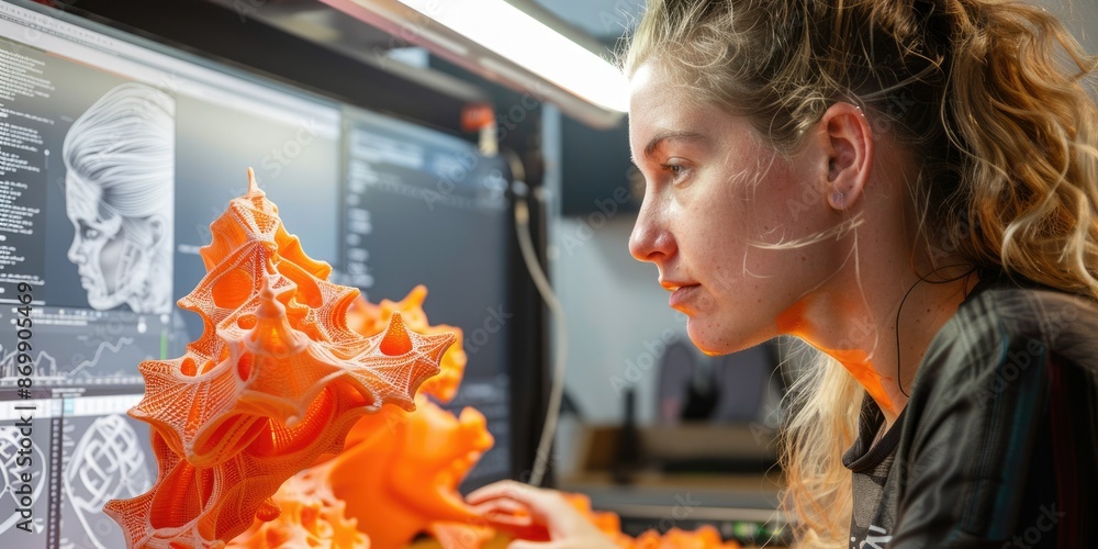 Poster in an advanced technology laboratory, a female engineer is examining a 3d model on a computer screen