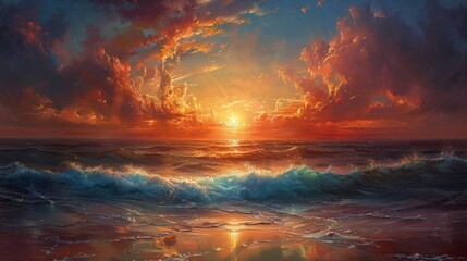 Fototapeta premium Colorful sunset over ocean. Sunset on the beach. Sunrise over the sea. Panorama