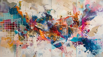 The canvas becomes a playground for vibrant expression, as abstract forms mingle with playful splashes of liquid joy, weaving a tapestry of color and texture.