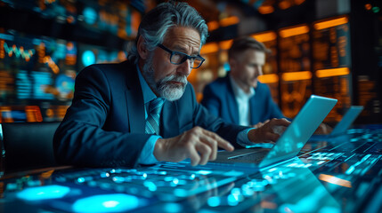 two senior businessmen working on their laptops in front of an electronic display board modern office environment data and charts digital marketing analysis