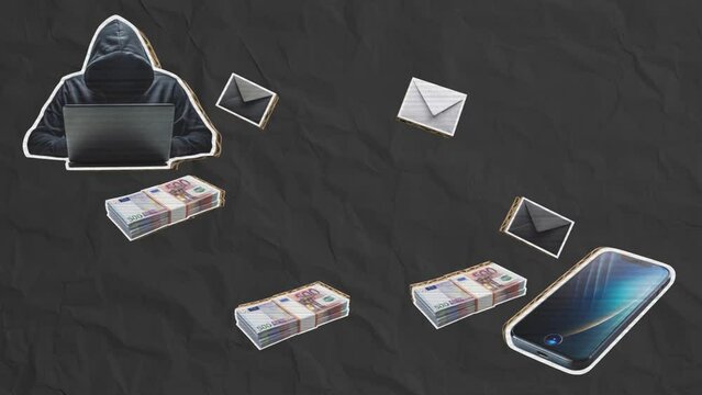 A hacker has hacked a smartphone and is extorting data and money from it. Security concept. Stop motion animation in Cardboard style on black paper background