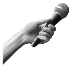 hand holding karaoke microphone isolated retro halftone dotted effect vintage grunge cut-out collage element pop art style