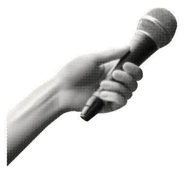 hand holding karaoke microphone isolated retro halftone dotted effect vintage grunge cut-out collage element pop art style