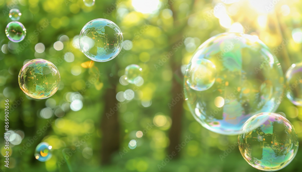 Poster soap bubbles float in a forest, reflecting grass, showing details in macro under sunlight