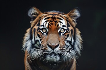 Fototapeta premium A Close-Up Portrait of a Majestic Tiger Against a Dark Background