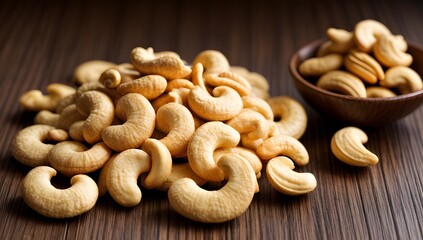 A close-up image of a pile of roasted cashews, showcasing their golden-brown color and distinct crescent shape