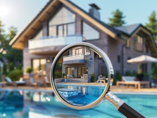 Searching new house for purchase. Rental housing market. Magnifying glass near beautiful house