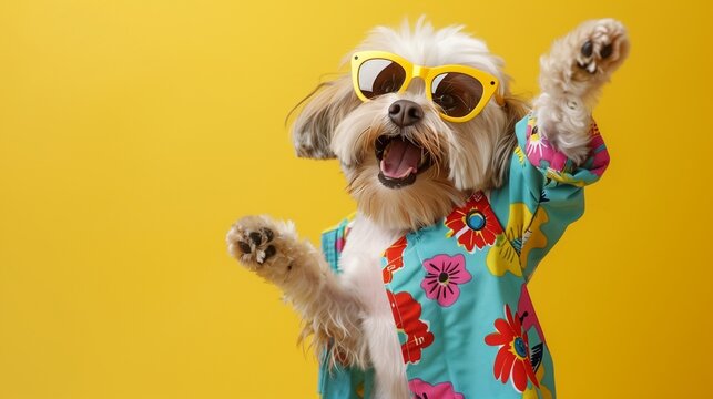 Dog wearing colorful clothes and sunglasses dancing on yellow background