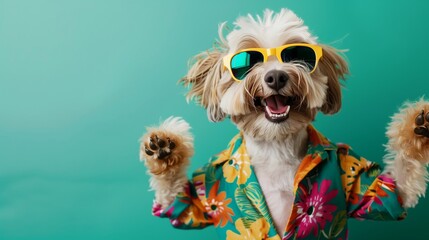 Dog wearing colorful clothes and sunglasses dancing on green background