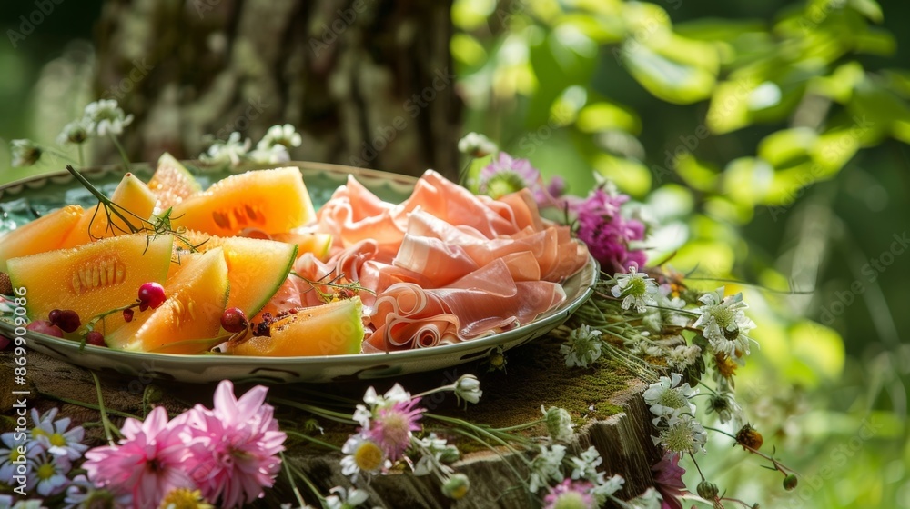 Poster a platter of sliced melon and prosciutto rests on a bed of wildflowers adding a touch of elegance to