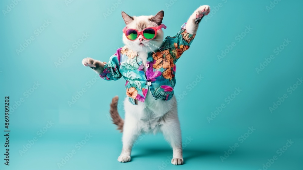 Wall mural Cat wearing colorful clothes and sunglasses dancing on the green background