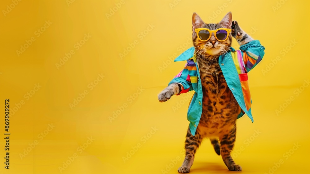 Wall mural Cat wearing colorful clothes and sunglasses dancing on yellow background