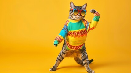 Cat wearing colorful clothes and sunglasses dancing on yellow background
