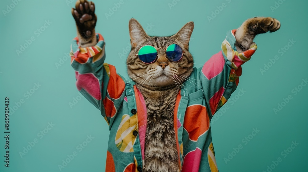 Wall mural Cat wearing colorful clothes and sunglasses dancing on the green background