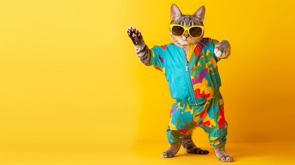 Cat wearing colorful clothes and sunglasses dancing on yellow background
