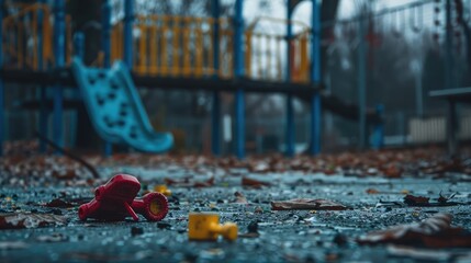 A broken toy left in an empty playground, symbolizing lost childhood and sadness