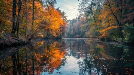 A calm and peaceful river with reflections of the surrounding trees, symbolizing tranquility