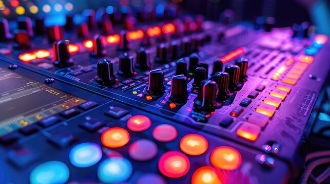 A close-up of a DMX lighting controller with various faders and buttons