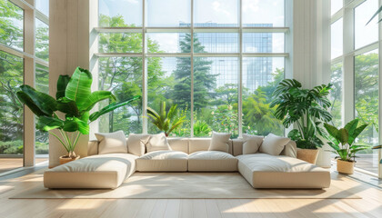The living room has a large sofa and receives abundant sunlight through numerous windows