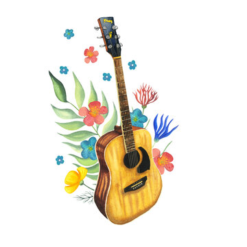 Watercolor Acoustic Guitar with flowers. Hand painted illustration of musical instrument. Wooden music string instrument. Isolated on white background for a postcard, icon, music party flyer, festival