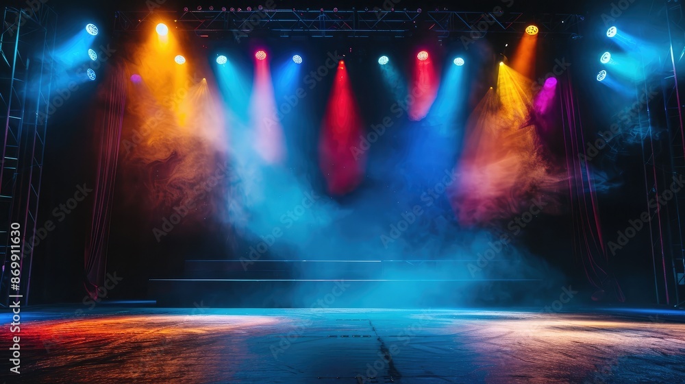 Poster a dark stage with colorful strobe lights creating a lively atmosphere