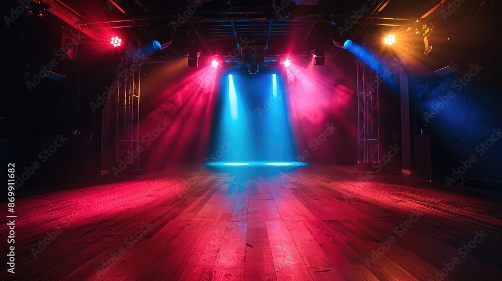 Poster a dark stage with colorful strobe lights creating a lively atmosphere