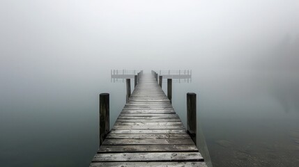 Obraz premium A desolate pier stretching into a foggy lake