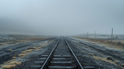 Naklejka premium A deserted, foggy railway track stretching into the distance