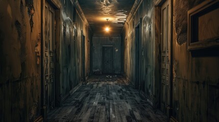 A dimly lit, empty hallway in an old building