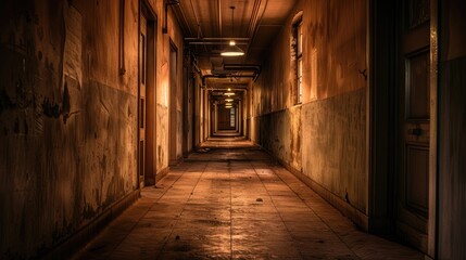 Obraz premium A dimly lit, empty hallway in an old building