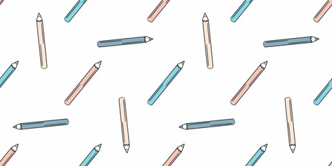 Pattern scattered colored pencils on white background. Seamless symmetrical print of school supplies. Art material. Element of office, Chancery. Crayon. Minimalism, pastel colors. Vector illustration