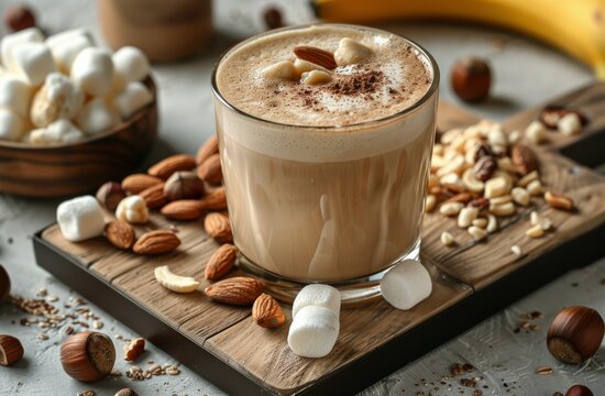 Almond and Banana Latte With Marshmallows and Nuts on a Wooden Tray