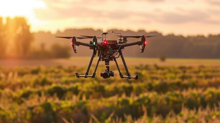 A drone flying over a field, capturing data with attached sensors