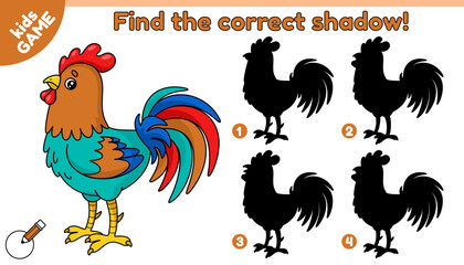 Educational kids farm game. Find the correct shadow. Cartoon rooster. Puzzle for preschool and school children. Activity book. Worksheet for education. Baby vector illustration of the cute farm bird.