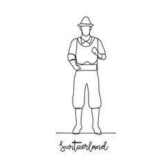 One continuous line drawing of Switzerland traditional clothes vector illustration. Traditional fashion country themes design with simple linear continuous line concept. Traditional fashion education