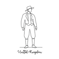 One continuous line drawing of United Kingdom traditional clothes vector illustration. Traditional fashion country theme design with simple linear continuous line. Traditional fashion education