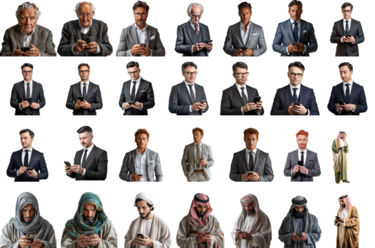 Different Faces, Shared Moments: A Global Perspective on Modern Communication. Men from Various Backgrounds Expressing Thoughts and Emotions through Text Messages