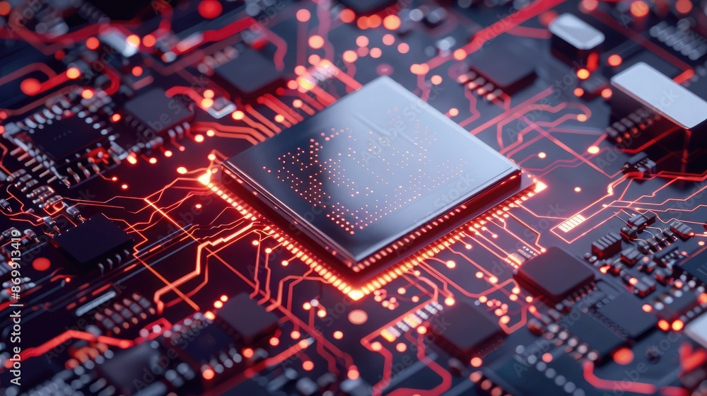 Poster a macro shot of a microprocessor chip on a motherboard