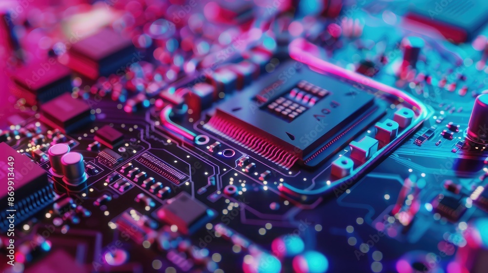 Poster a macro shot of a microprocessor chip on a motherboard
