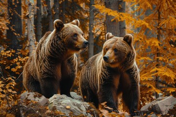 Obraz premium Two brown bears in the forest, autumn colors Generative AI