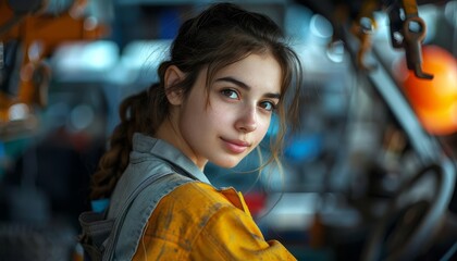 Obraz premium Female mechanics in auto repair shop, detailed, realistic, challenging stereotypes, automotive service
