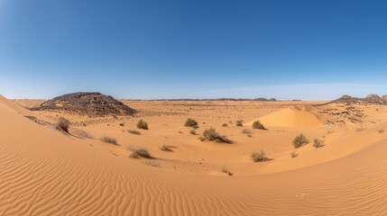 A panoramic view of a desert landscape with sand dunes and clear skies