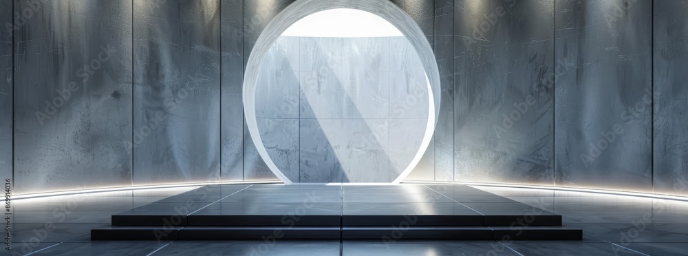 Poster the metallic stage showcases a contemporary and simple design featuring concentric circles and halo 